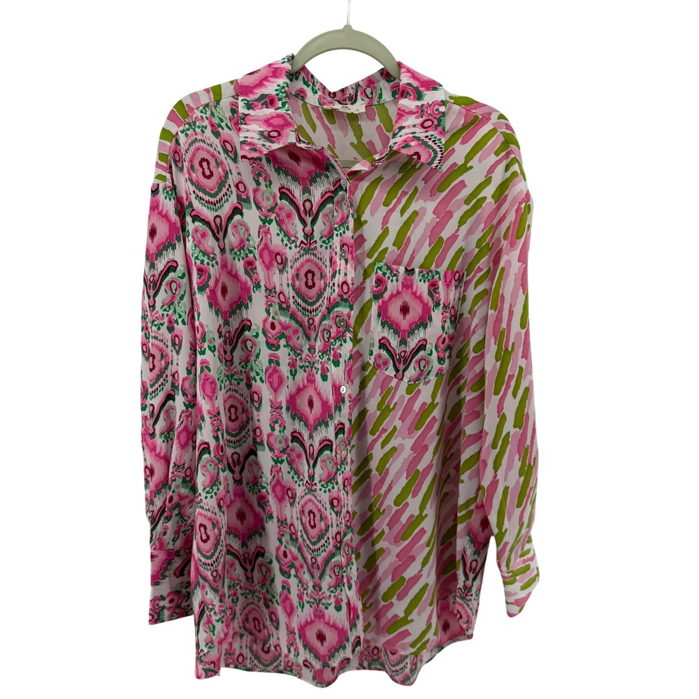 Entro Womens Small Pink Green Mixed Print Ikat Button Down Shirt Spring Oversize